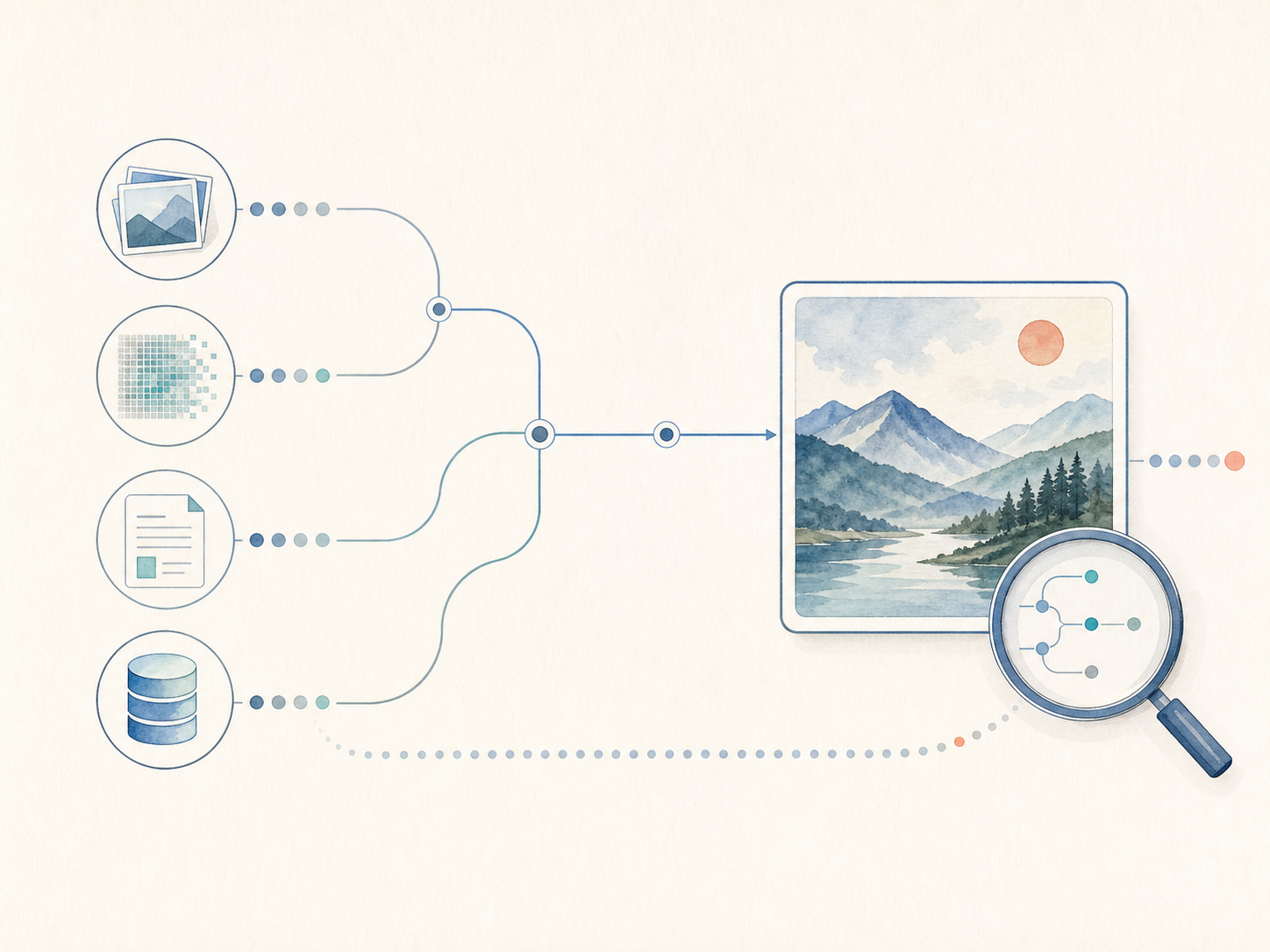 Editorial illustration of generated-content traceability