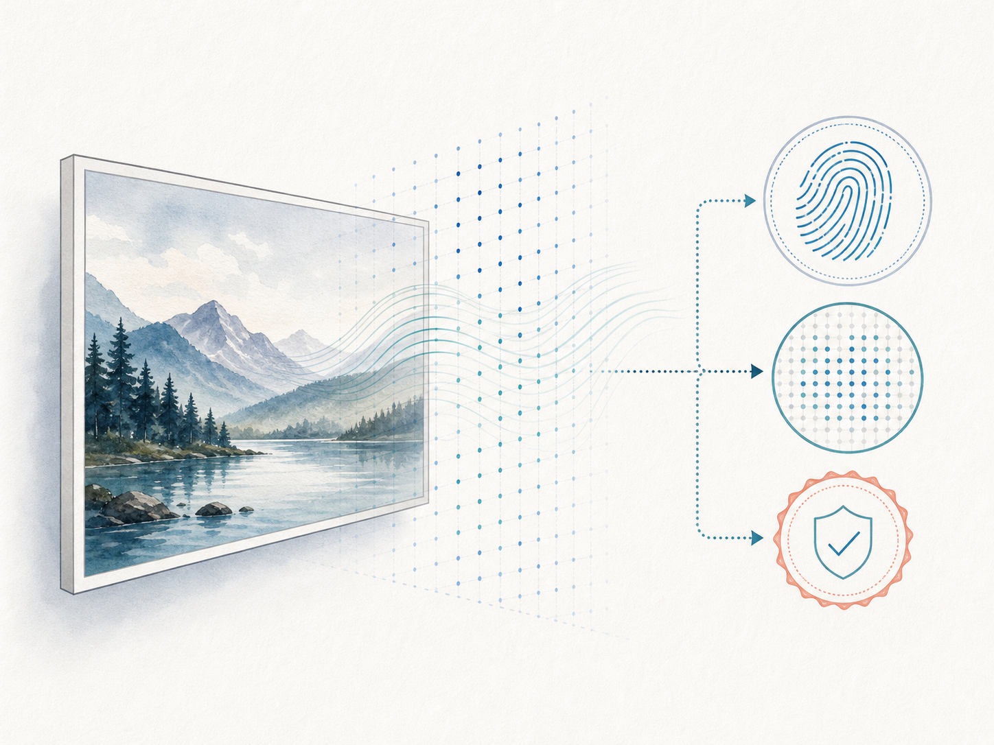 Editorial illustration of copyright authentication and watermarking